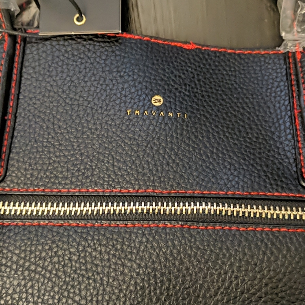 Travanti Black Leather and Red Stitched Tote